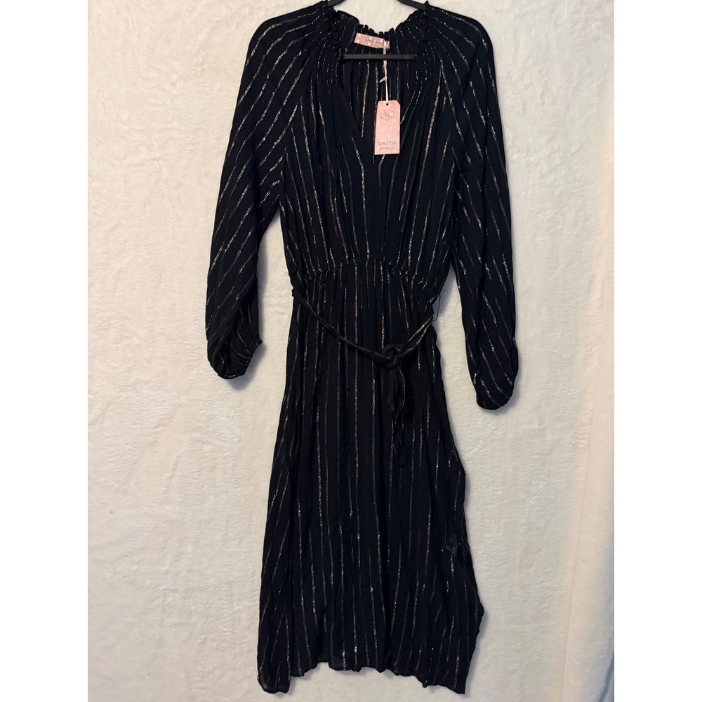 Traffic People Black Gold Metallic Stripe Midi Dress‎ Long Sleeve XS NWT $154